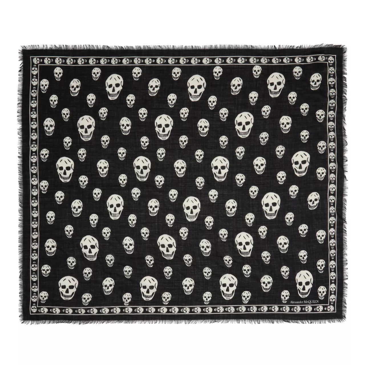 ALEXANDER MCQUEEN Silk Skull Fringed Square Scarf - Black