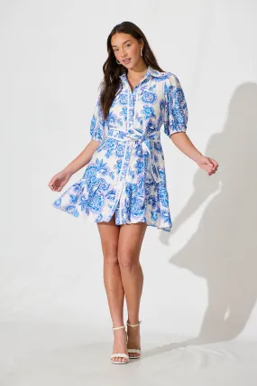 Caldwell Shirt Dress In White With Blue Floral