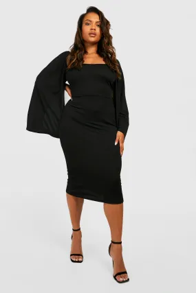 Plus Cape Sleeve Tie Belt Midi Dress