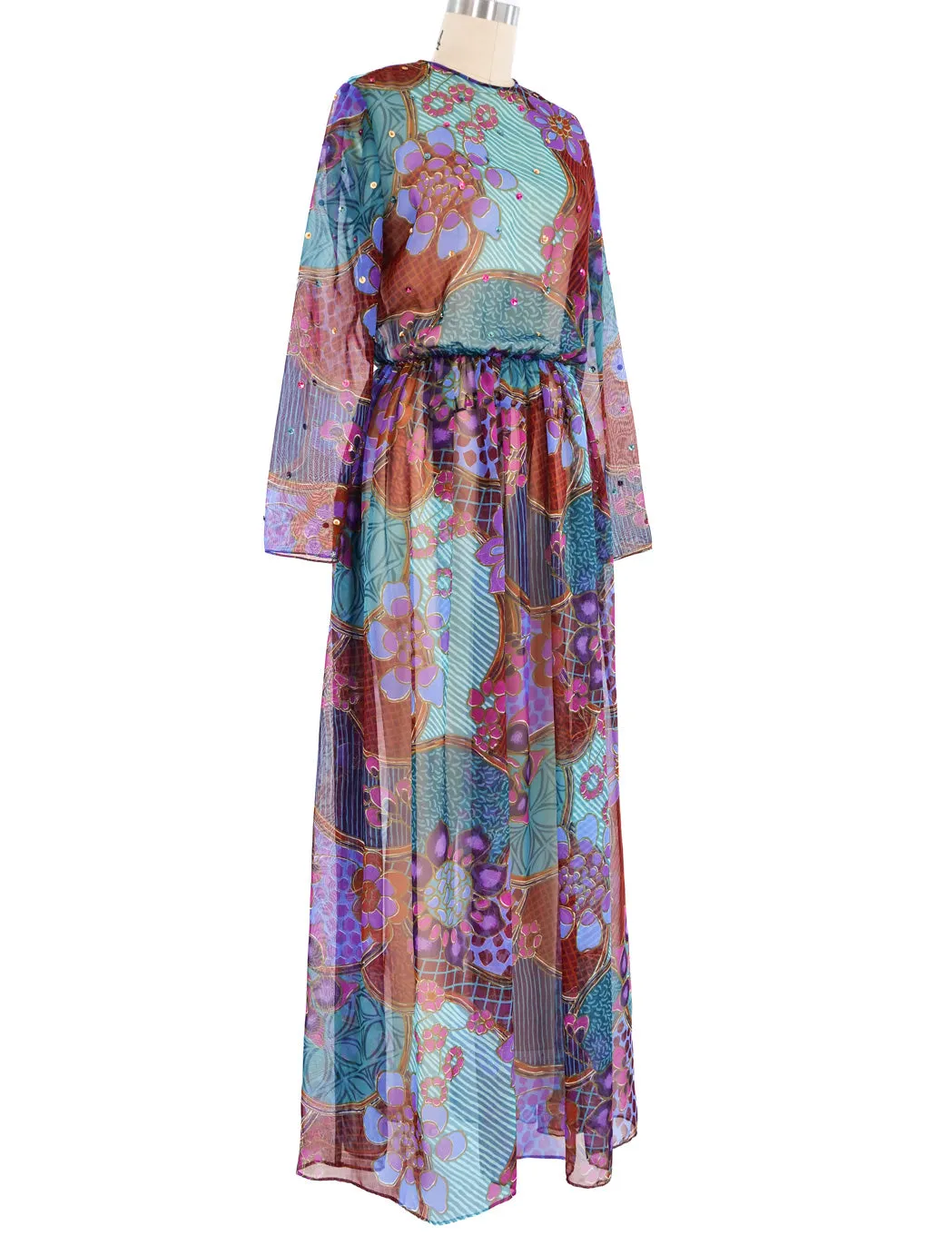 Sequined Floral Print Sheer Maxi Dress