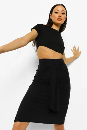 Soft Ribbed Wrap Belt Split Hem Midi Skirt