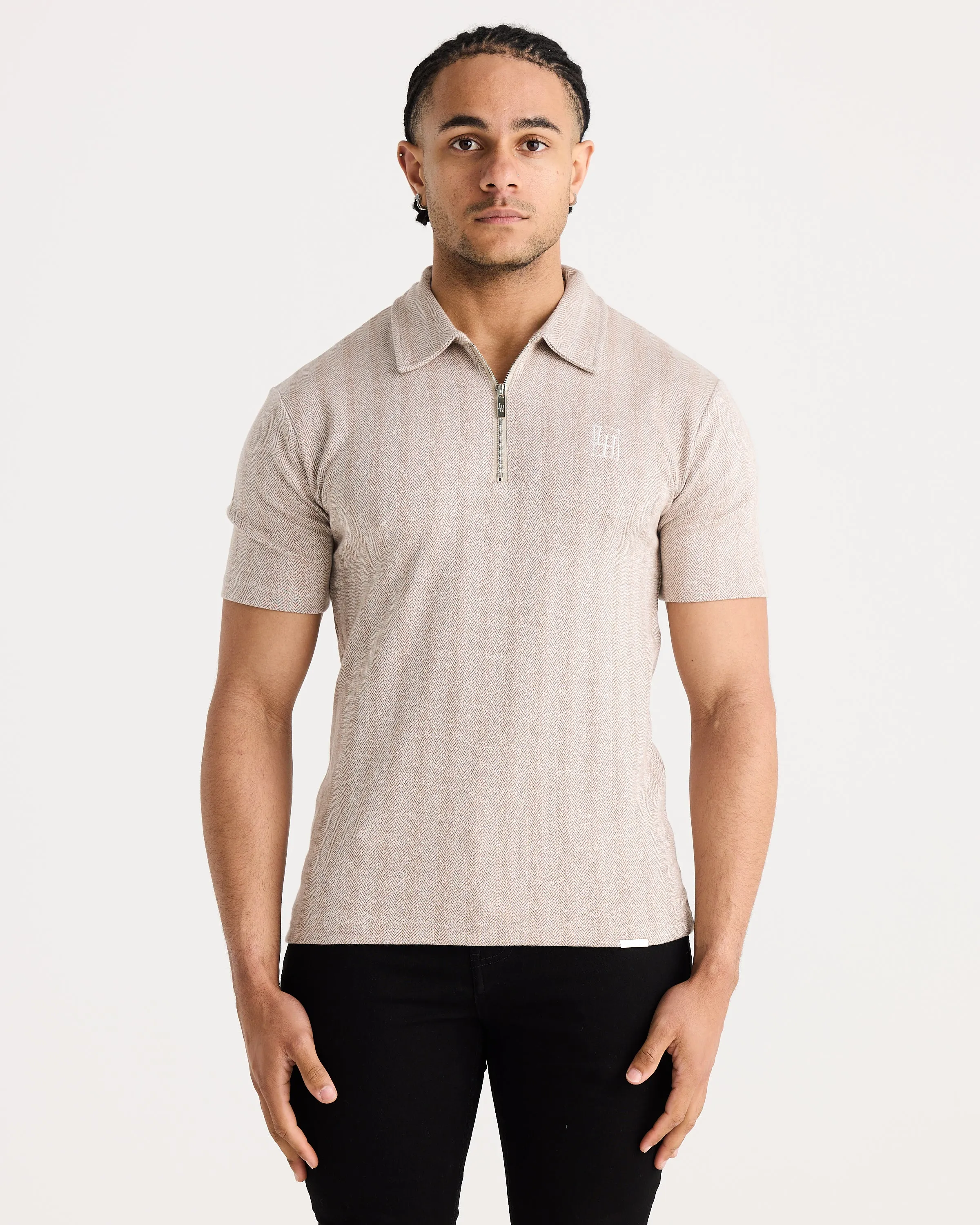 Taupe Jacquard Zip Polo