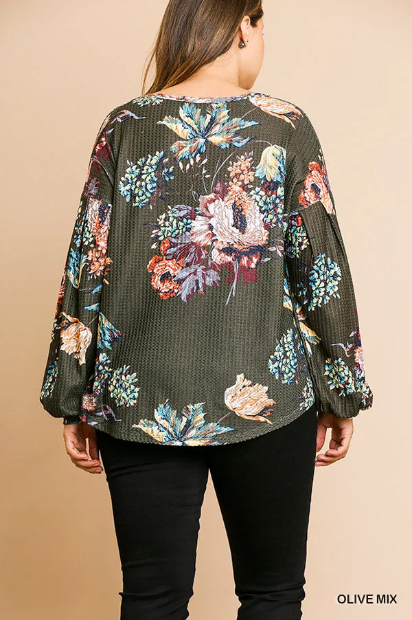 Umgee Floral Thermal Knit Long Sleeve Top-PLUS SIZE