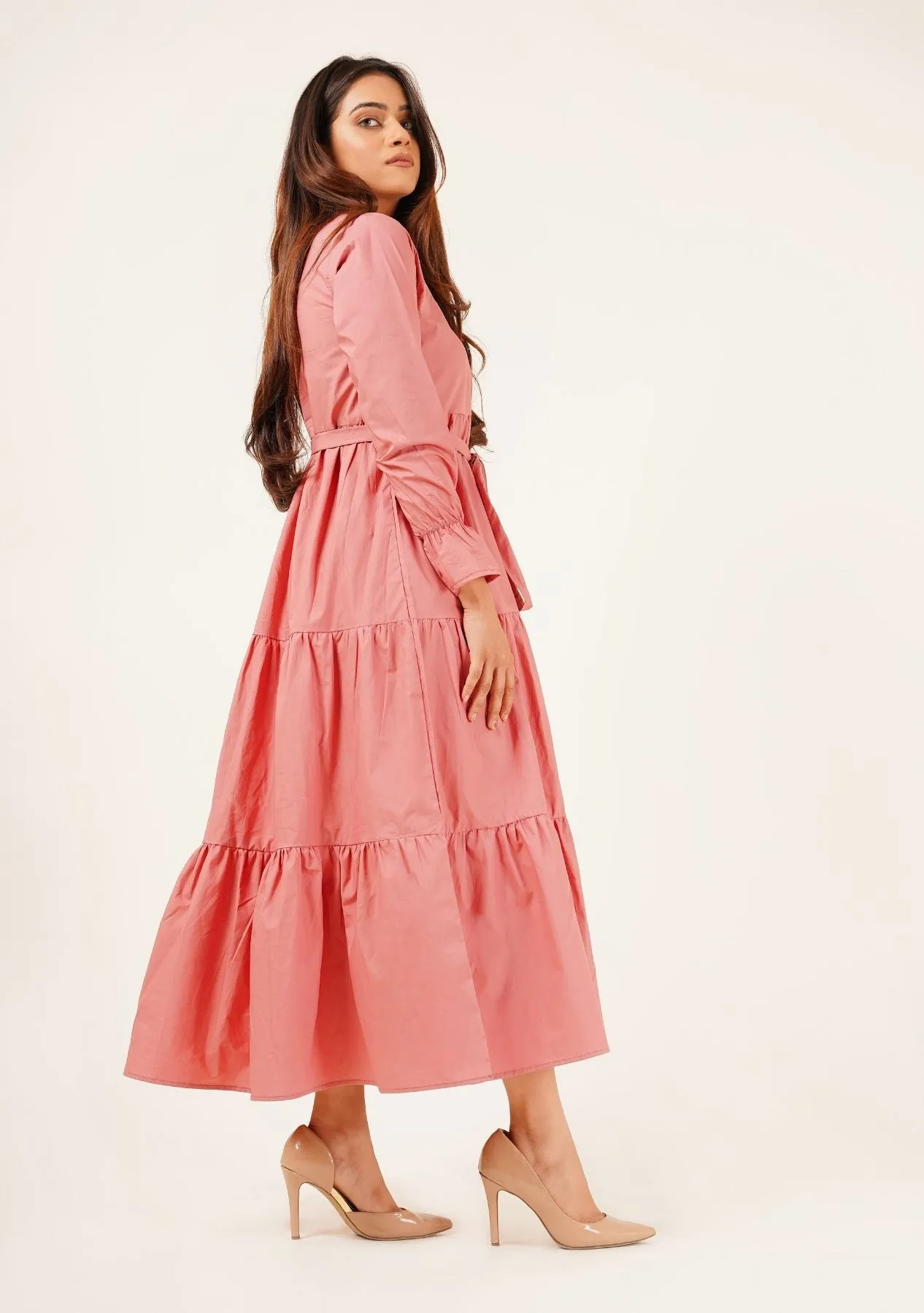 V-Neck Tie Waist Dress - tea pink